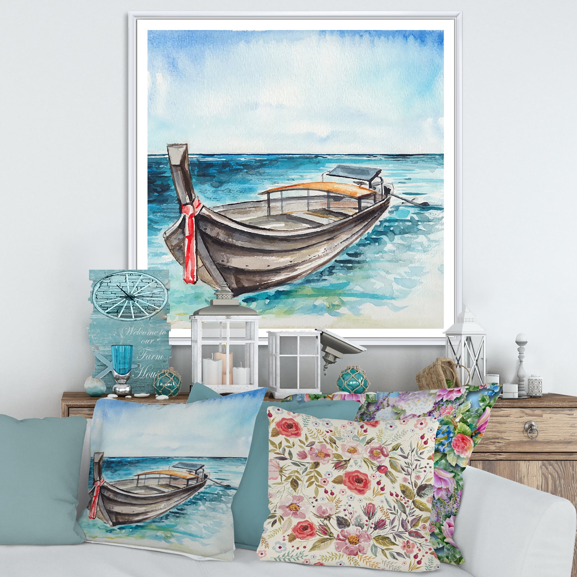 Designart 'Little Boat At The Lake Shore' Nautical & Coastal Framed Canvas Wall Art Print