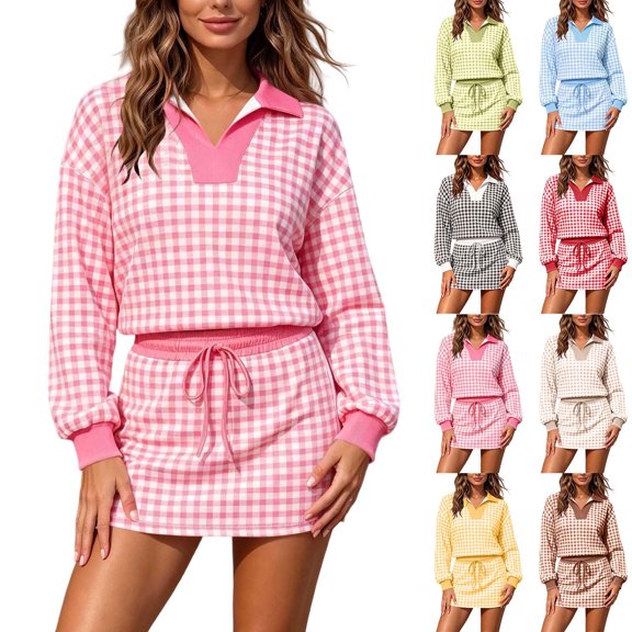 Women's 2 Piece Plaid Outfits Long Sleeve Collar V Neck Sweatshirt and Drawstring Mini Skirt Lounge Sets Casual Fall Winter Tracksuit Matching Set Yellow