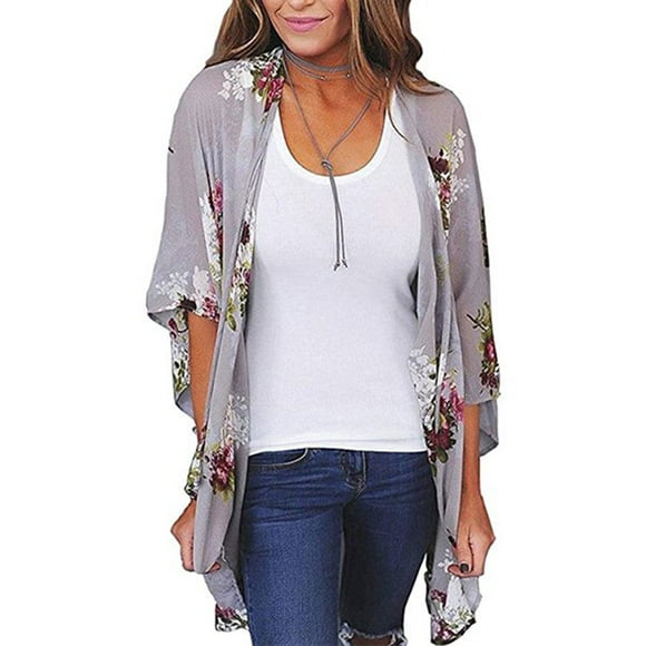 Qarigey Mujeres Imprimir frente abierto Mangas 3/4 Ropa de playa Cubrir Prendas para la parte del cuerpo Gris S