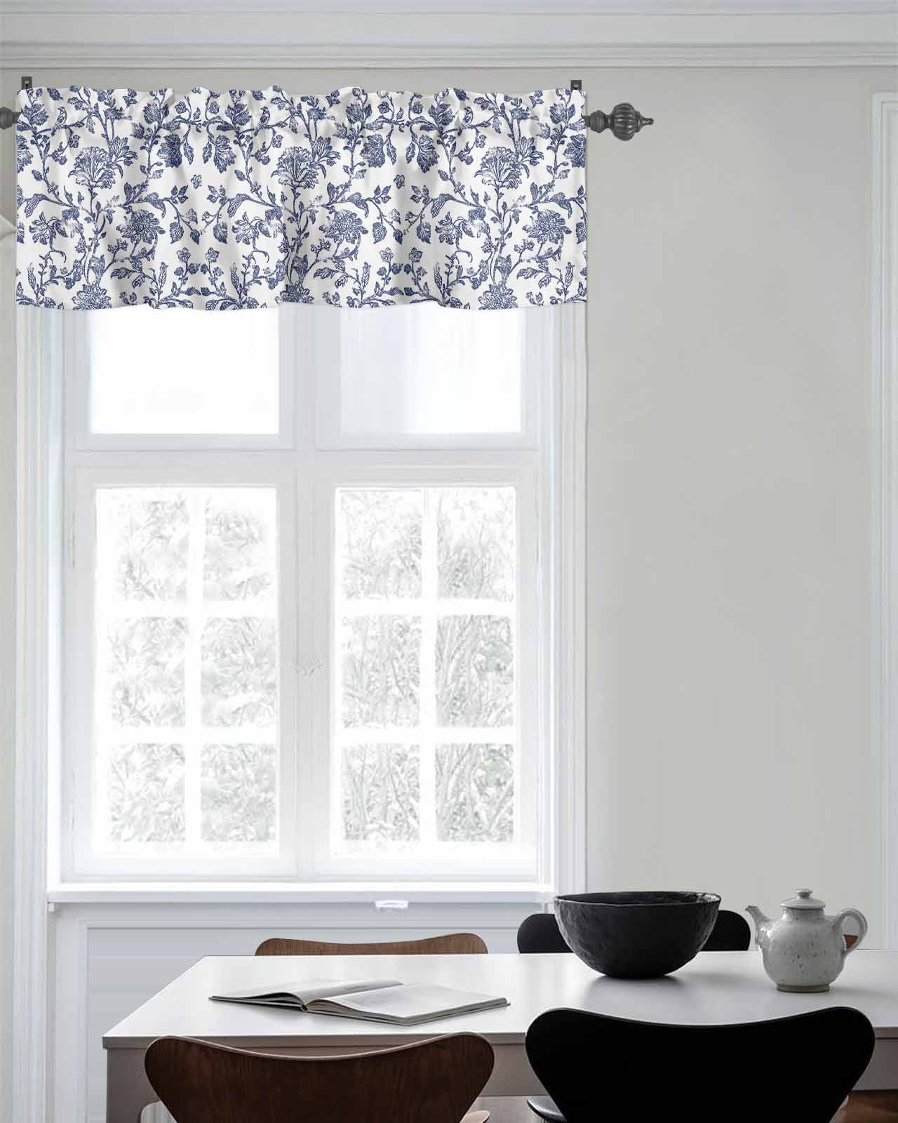 Watercolor Dark Blue Flower Curtain Valances for Kitchen Windows,Rod Pocket Short Valance Retro Pastoral Floral Texture Window Treatment for Living Room Bathroom Bedroom,42" x 12"-1 Panel