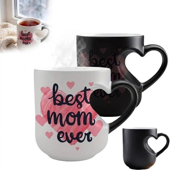 Tasse en Céramique Magique à Changement de Couleur en Forme de Cœur, Tasse à Café Sensible à la Chaleur 350 ml avec Poignée en Forme de Cœur, Cadeau Unique pour Maman et Boissons, Tasse à Thé Révélation Thermique, Cadeau de Fête des Mères Anniversaire