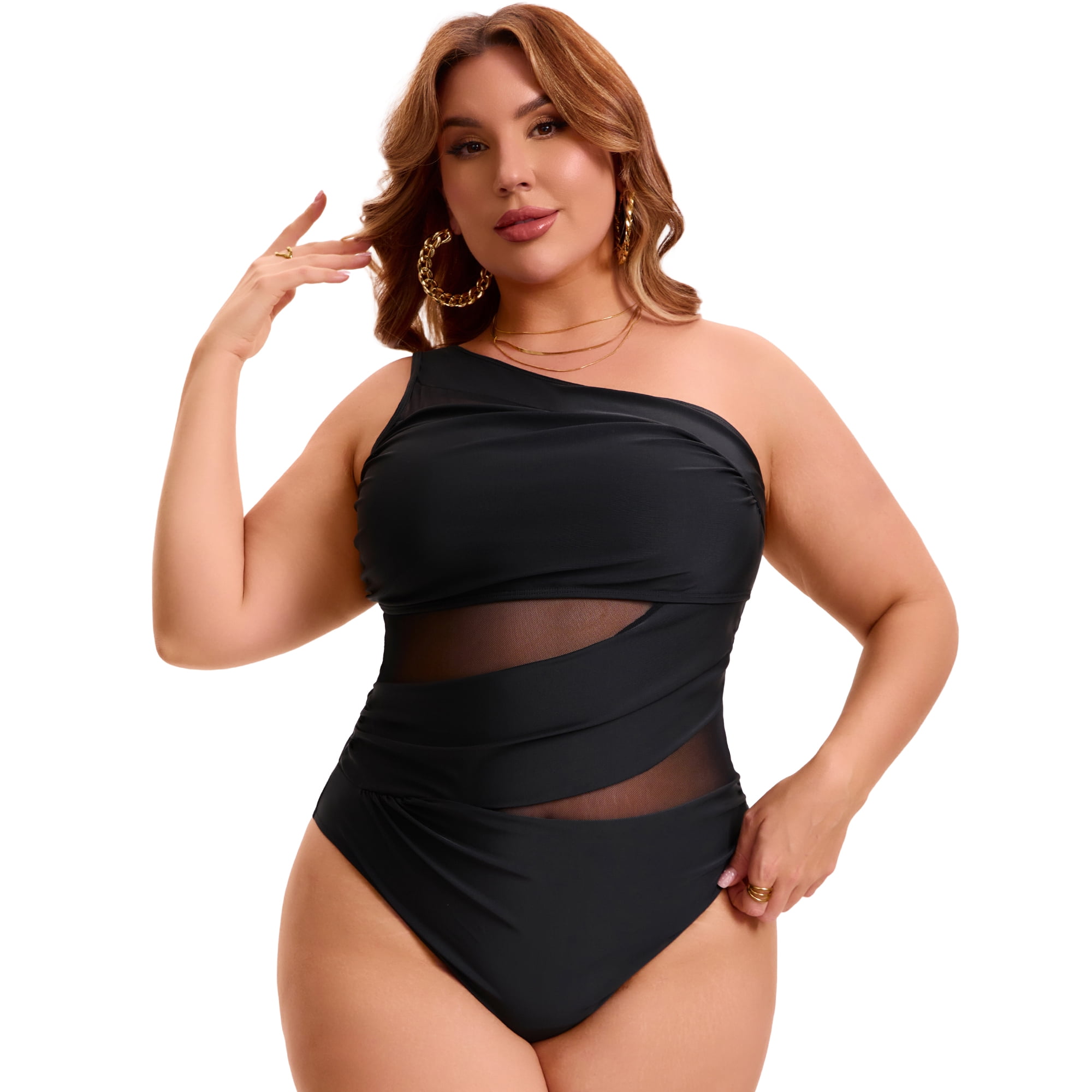 DARING DIVA Women's Plus One Shoulder Swimsuit with Mesh Detail 1X Black