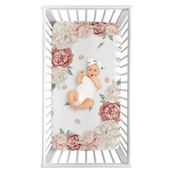 Sweet Jojo Designs Peony Floral Garden Pink and Ivory Photo Op Fitted Crib Sheet