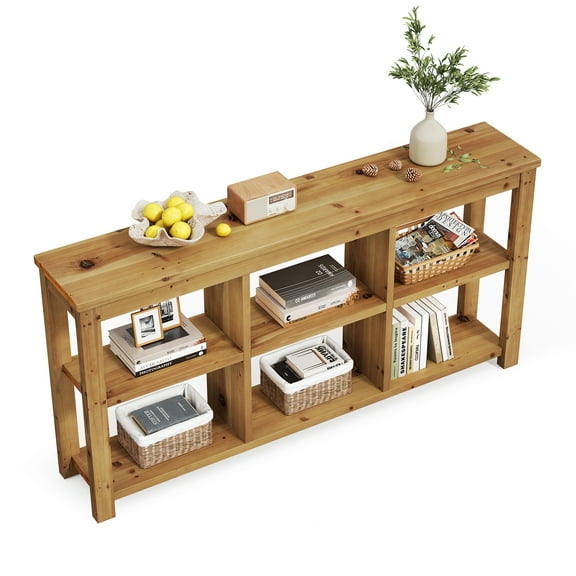 Solid Wood Horizontal Bookcase with Adjustable Shelves, 6 Cubes Storage Organizer Long Bookshelf, Farmhouse Low Cubby Bookcase for Living Room, Home Office, 63 Inches