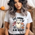 thumbnail image 2 of Eat Drink and Be Scary Graphic Tee Funny Ghost Pumpkin Shirt, Azalea, Size XL, 2 of 6