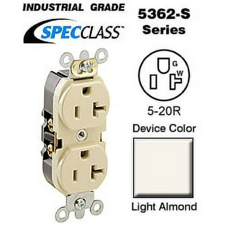 Leviton 5362-ST Duplex Receptacle Contractor Pack Industrial Grade 5-20R 20A 125V BandS 8 Hole Feed-Thru Wired - Light Almond (Contactor Pack of 10)