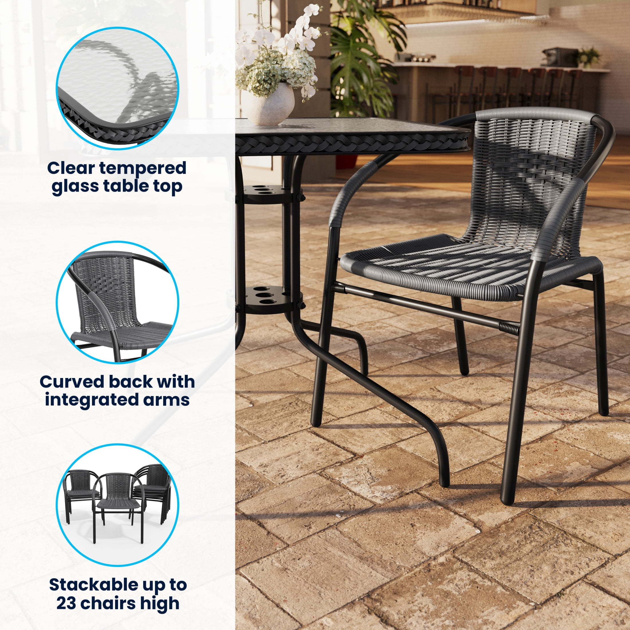 Flash Furniture 28'' Square Glass Metal Table with Gray Rattan Edging and 4 Gray Rattan Stack Chairs