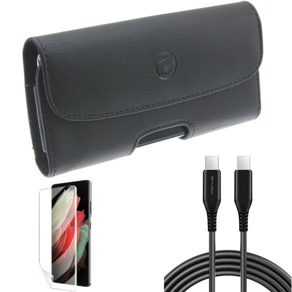 Matte Screen Protector & Case Belt Clip & 10ft Long USB-C Cable for Samsung Galaxy S22 Plus (S22 ) - Combo TPU Film Anti-Glare & Leather Holster Cover & PD Fast Charger Cord Power Wire