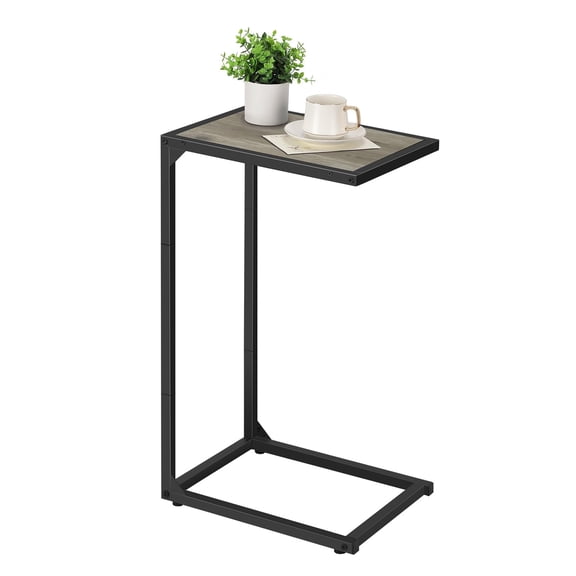 C Shaped End Table, Side Table for Sofa/Couch, Slide Under Couch Table with Metal Frame, Small TV Tray Table for Living Room/Bedroom, Greige & Black