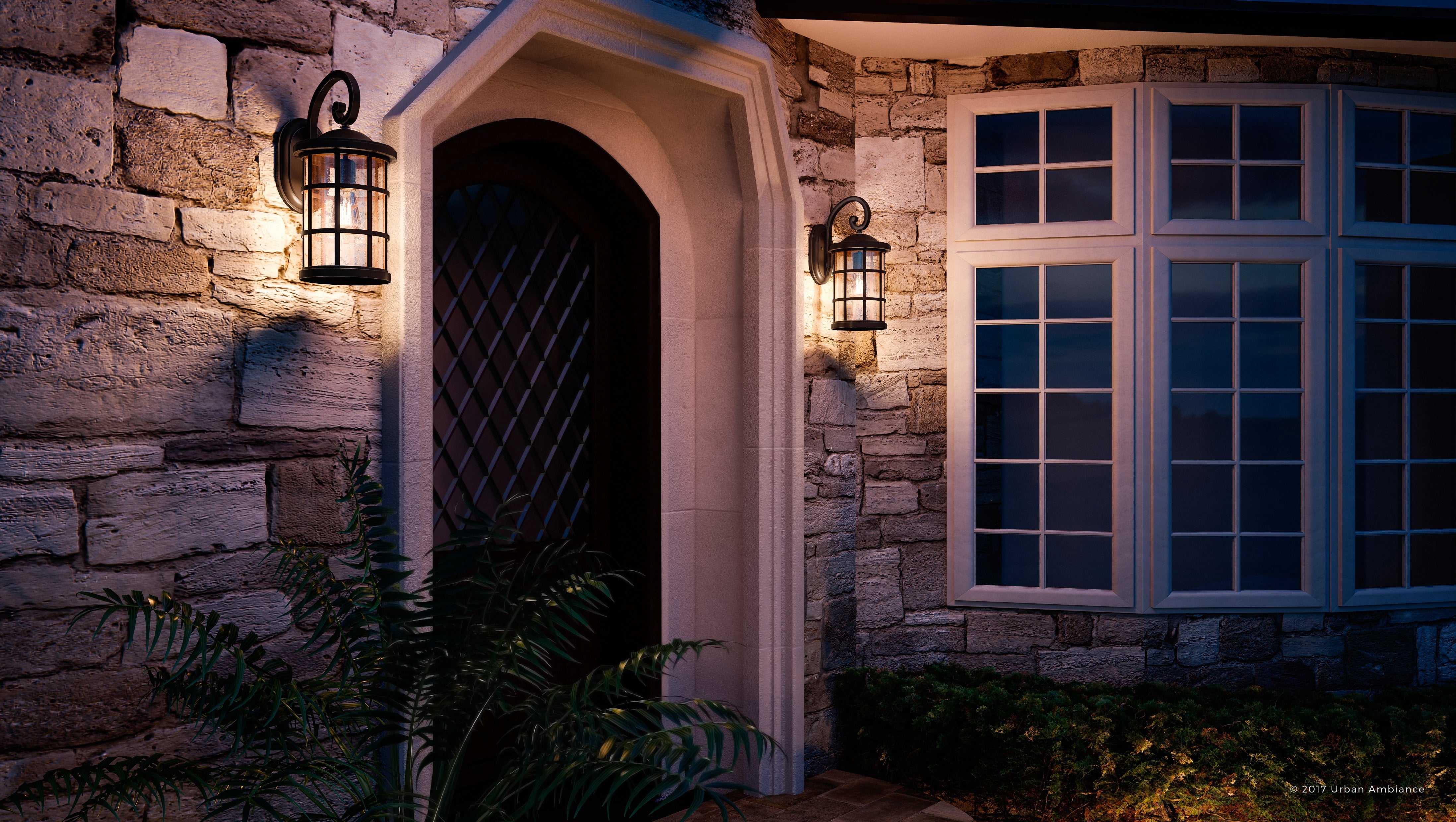 Urban Ambiance Luxury Craftsman Outdoor Wall Light, Medium Size: 17.75"H x 10"W, with Tudor Style Elements, Wrought Iron Design, Oil Rubbed Parisian Bronze Finish and Seeded Glass, UQL1045