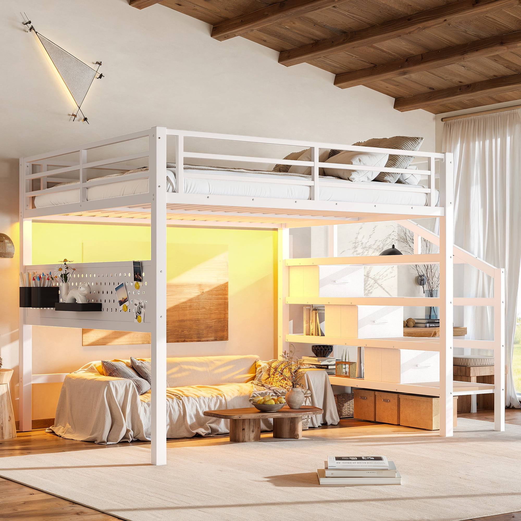 Leumius Queen Size Loft Bed with Storage Stairs and Movable Desk with USB,Metal Loft Bed Frame with 3 Fabric Drawers and LED, Full-Length Guardrail and Pegboard,Antique White