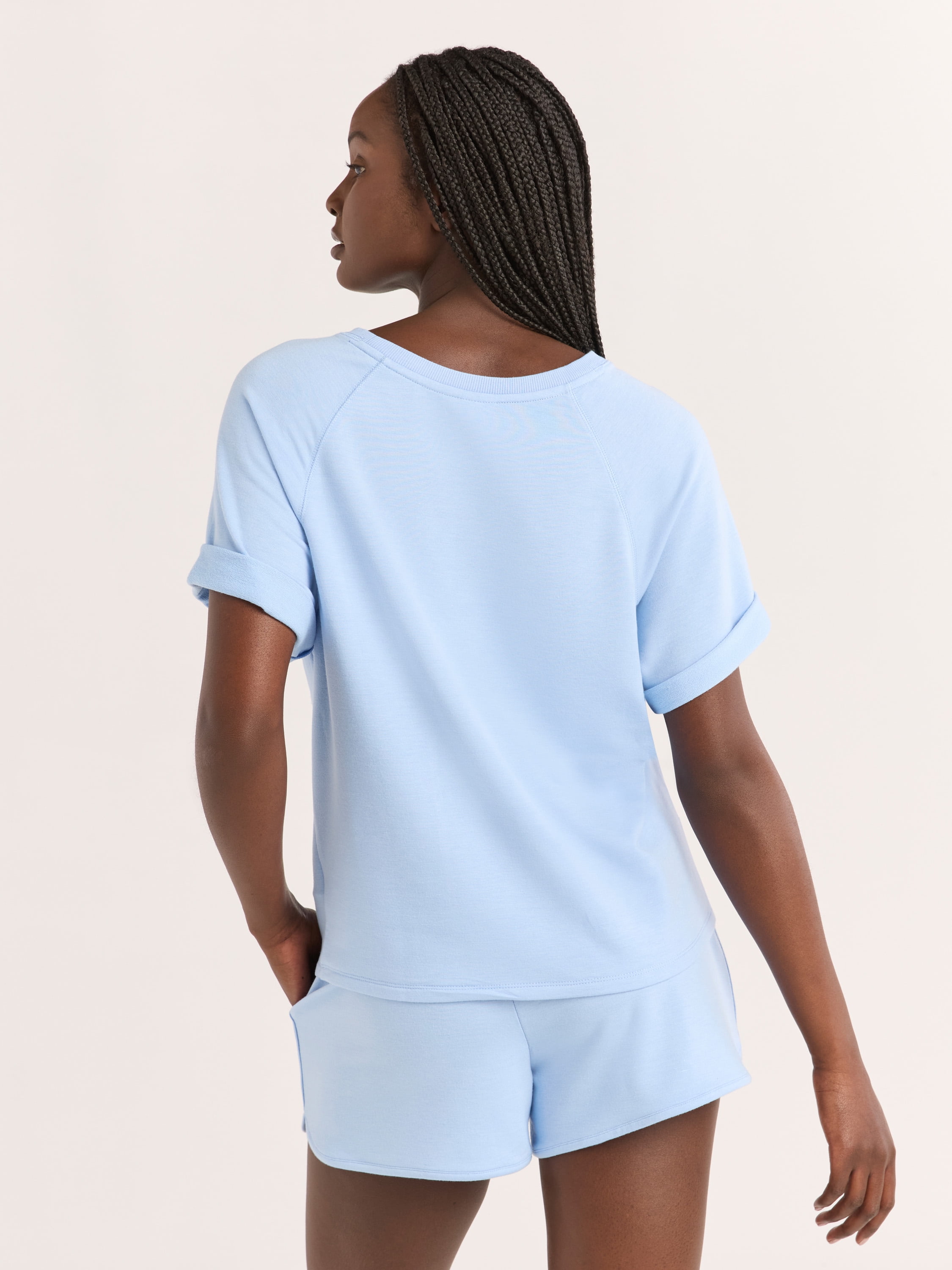 Joyspun Women's French Terry Short Sleeve Top and Shorts Set, 2-Piece, Sizes XS-3X