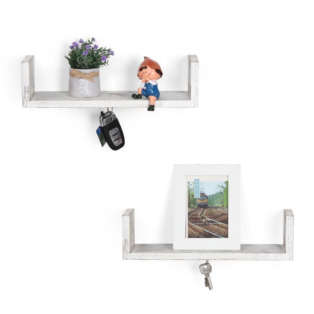 LIANTRAL NEX 2 Pack U Shape Wood Floating Shelf with Magnetic Key Holder Distressed White