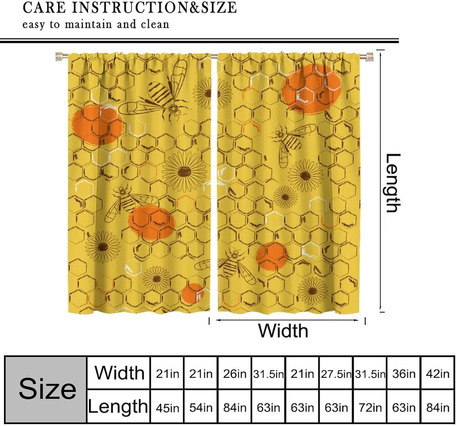 Kids Bee Blackout Curtains Cartoon Cute Bee Yellow Honeycomb Floral Pattern Print Living Room Curtains Suitable for Boys Girls Room Bedroom Decorative Curtains 52x84 Inches