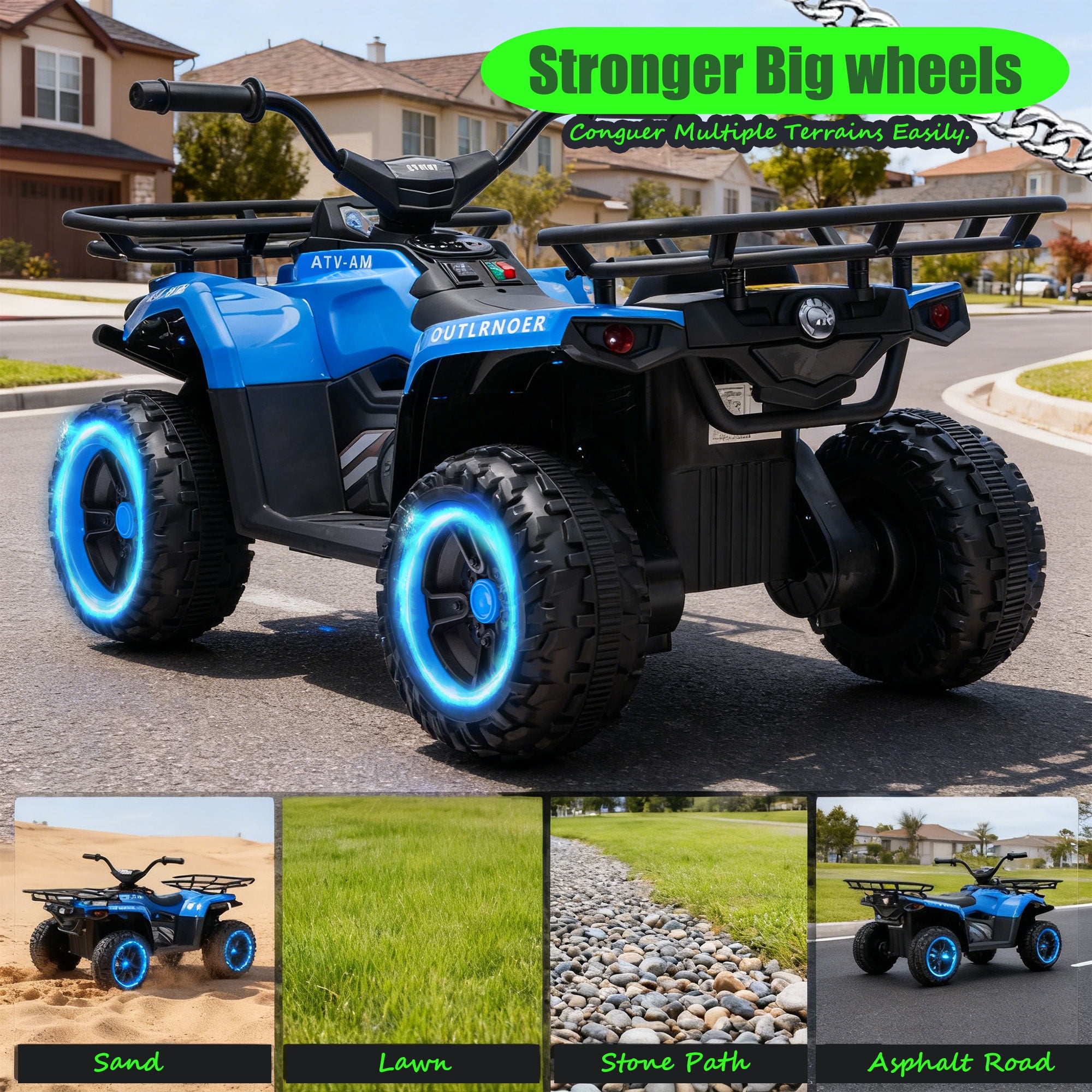 iYofe 24V Big Kids Ride on ATV Quad, Electric 4 Wheeler for Kids 3-6 with Battery Display, Anti-Slip Tires, LED Headlights, Bluetooth, MP3, Storage Racks, Gifts for Birthday & Christmas, Blue