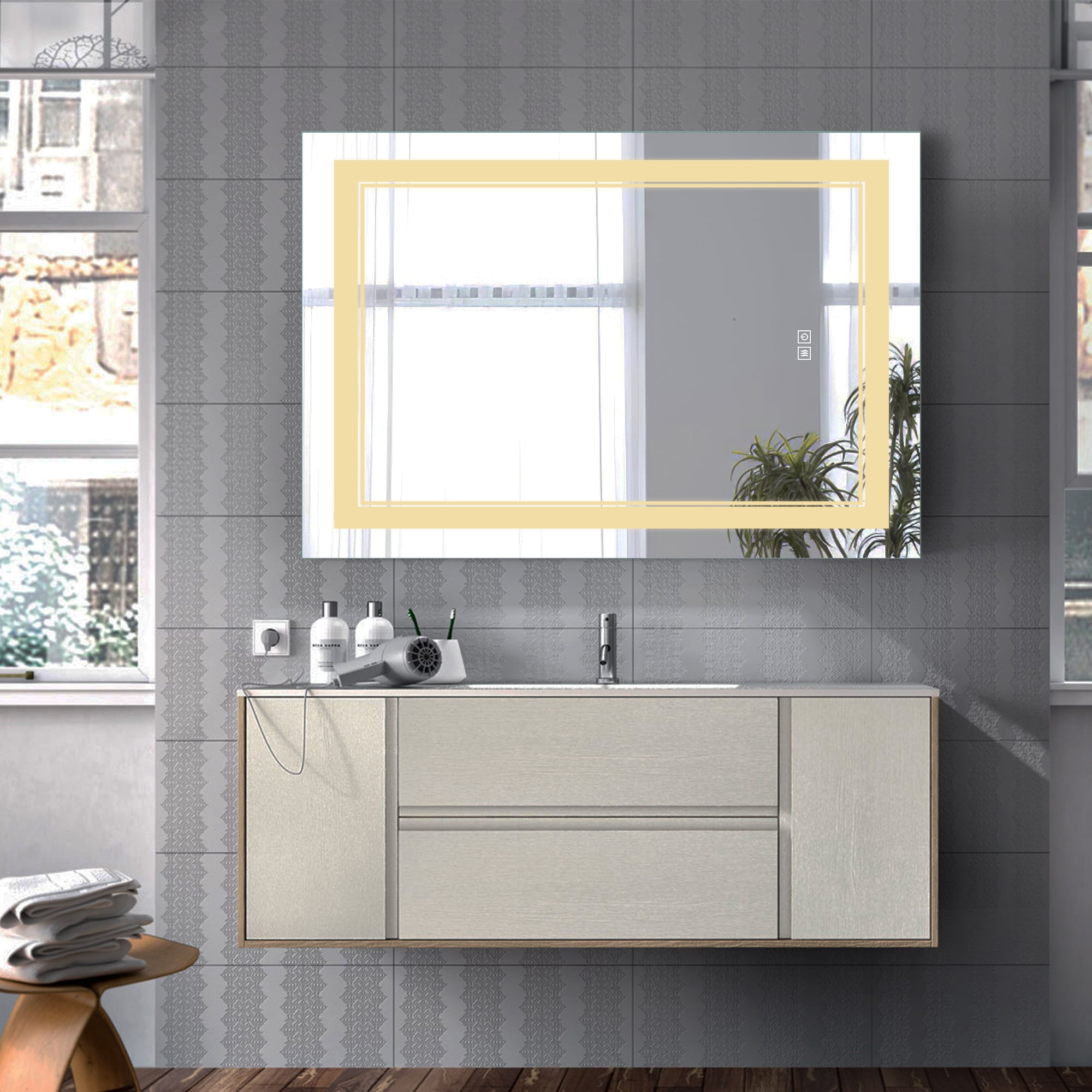 MAYEERTY 32"×24" LED Aluminum Rectangular Bathroom Mirror Double-Line Light, Stepless Three-Color for Bathroom