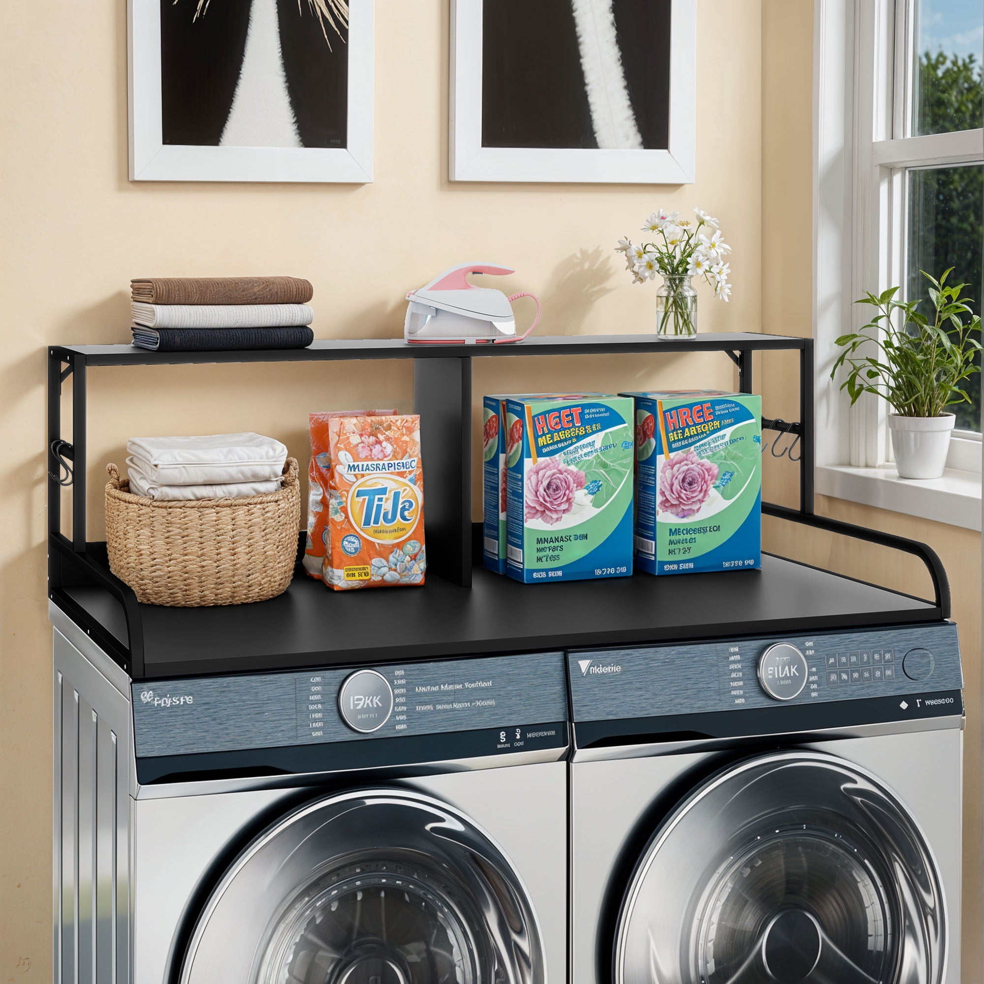 Uforic 2-Tier Washer & Dryer Storage Rack with Hooks, over the