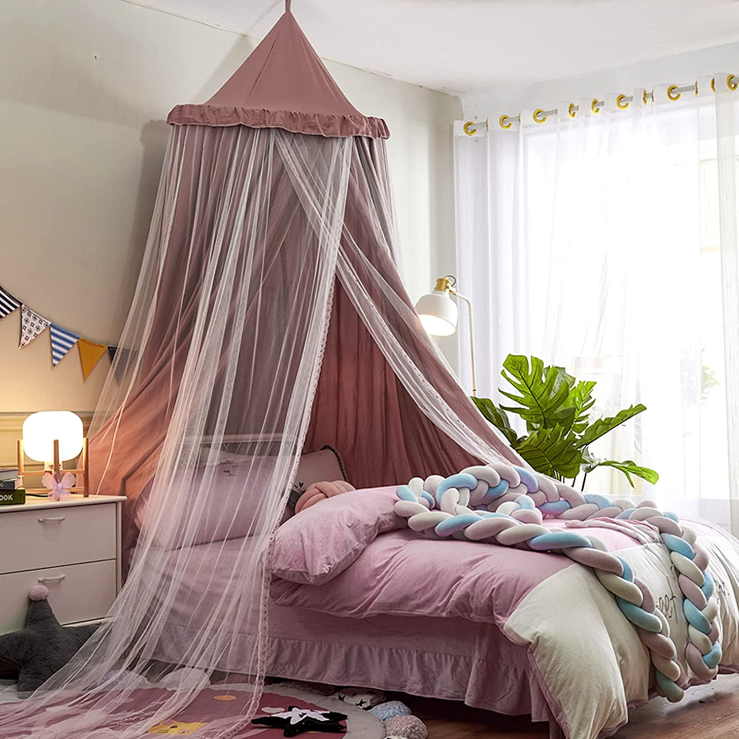 Bed Canopy Double Layer Princess Round Dome Dreamy Mosquito Net Bedding Girls Room Castle Play Tent Hanging House Decor Reading Nook Canopies(Jujube Red/White)