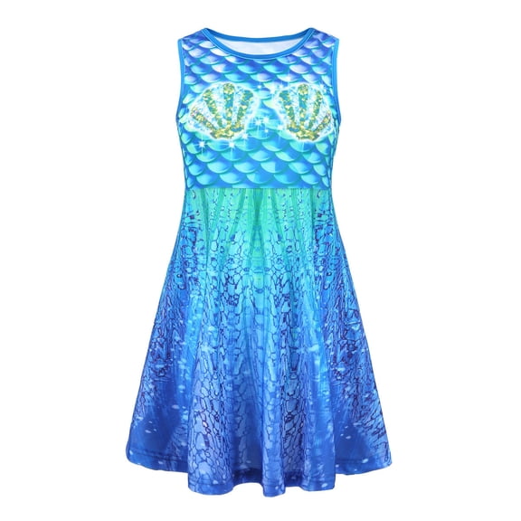 Gyexs Girls Sleeveless Dress Size 7-8 Round Neck Floral Printed Sundress for Casual Home Party Beach 4-12 Years (Kids, 01 Blue, 7-8 Years)