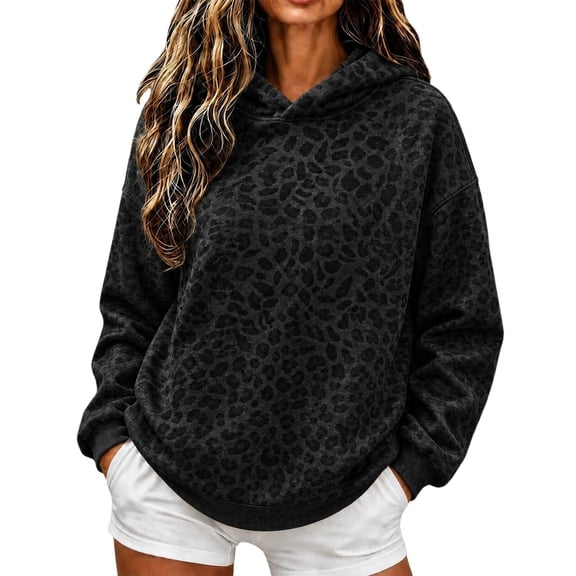 CONZONE Womens Oversized Hoodies Long Sleeve Leopard Hooded Sweatshirts for Women Drawstring Fall Winter Pullover Tops