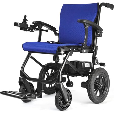 DeerPlanet Foldable Electric Wheelchair for Adults Seniors, 30 Lbs Lightweight All Terrain with Removable Battery, Liftable Armrest, Airline Approved, Blue