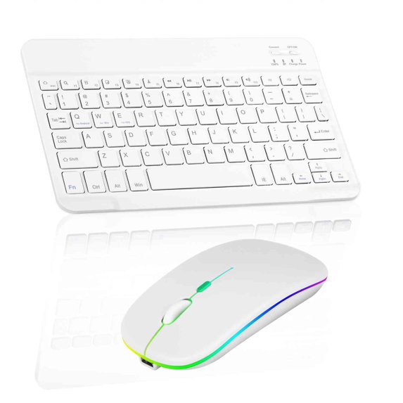 Rechargeable Bluetooth Keyboard and Mouse Combo Ultra Slim for Zenfone Go ZB690KG and All Bluetooth Enabled Android/PC-Pure White Keyboard with Pure White RGB LED mouse