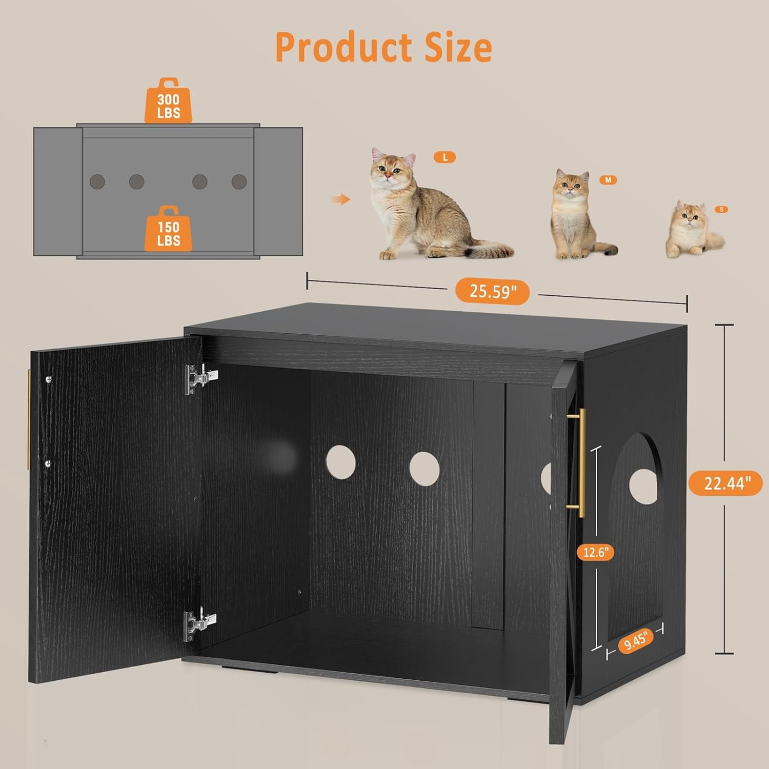 Garvee Cat Litter Box Enclosure, Hidden Cat Litter Box Cabinet with Double Doors, Ventilation, and Cushion Pads, Farmhouse Wooden Kitty Furniture for Cats and Small Pets, Black