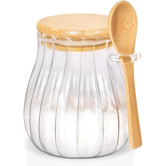 TEXIJUSO 15oz Sugar Container with Bamboo Lid and Spoon,Sugar Bowl Glass Jar for Coffee Bar Accessories Coffee Canister Kitchen Decor