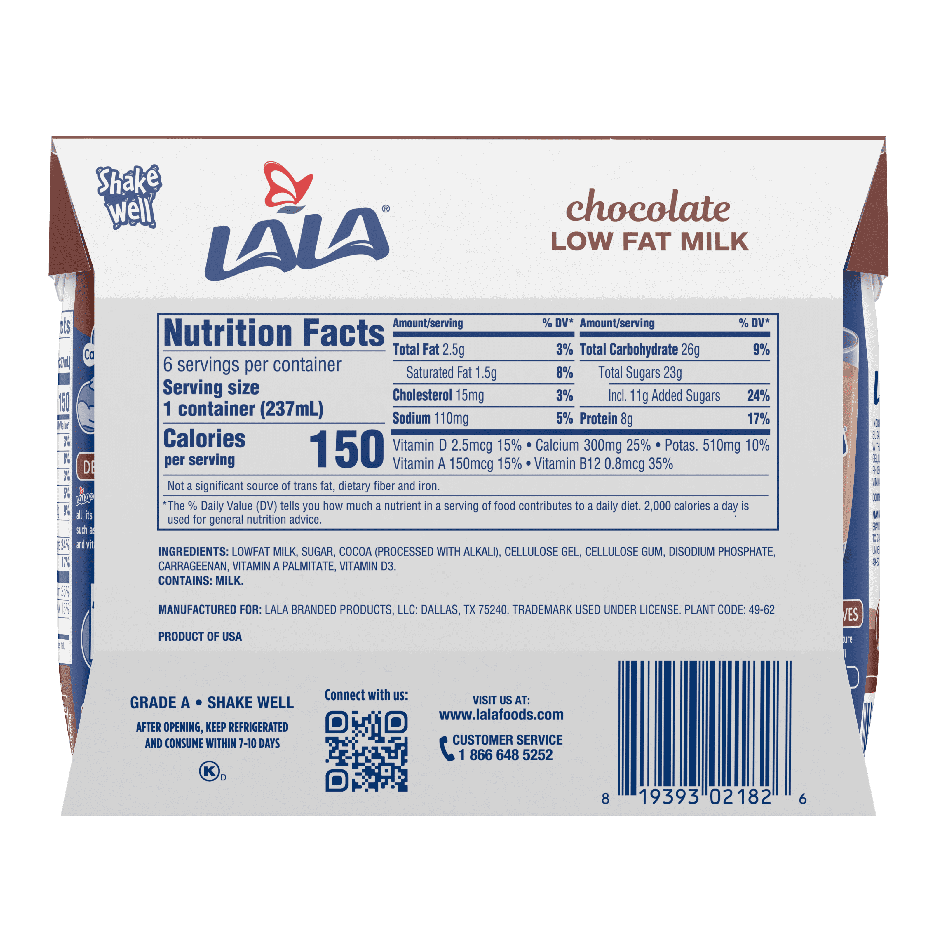 (4 pack) LALA Low Fat Chocolate Milk, Shelf-Stable 8 fl oz, 6 Count