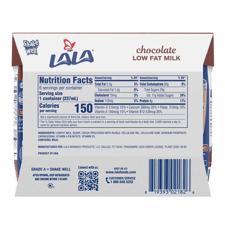 LALA Low Fat Shelf-Stable Milk Drink, Chocolate, 8.25 oz Carton