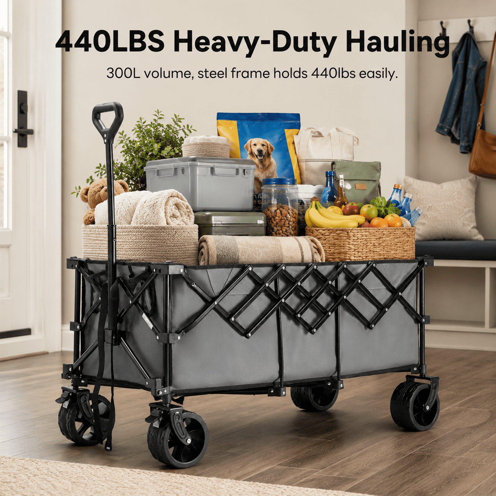 Alvantor 300L Folding Wagon Cart with 440lb Capacity, Heavy Duty Utility Wagons with All-Terrain Wheels, Foldable Grocery Carts for Gardening, Shopping, Beach, Camping