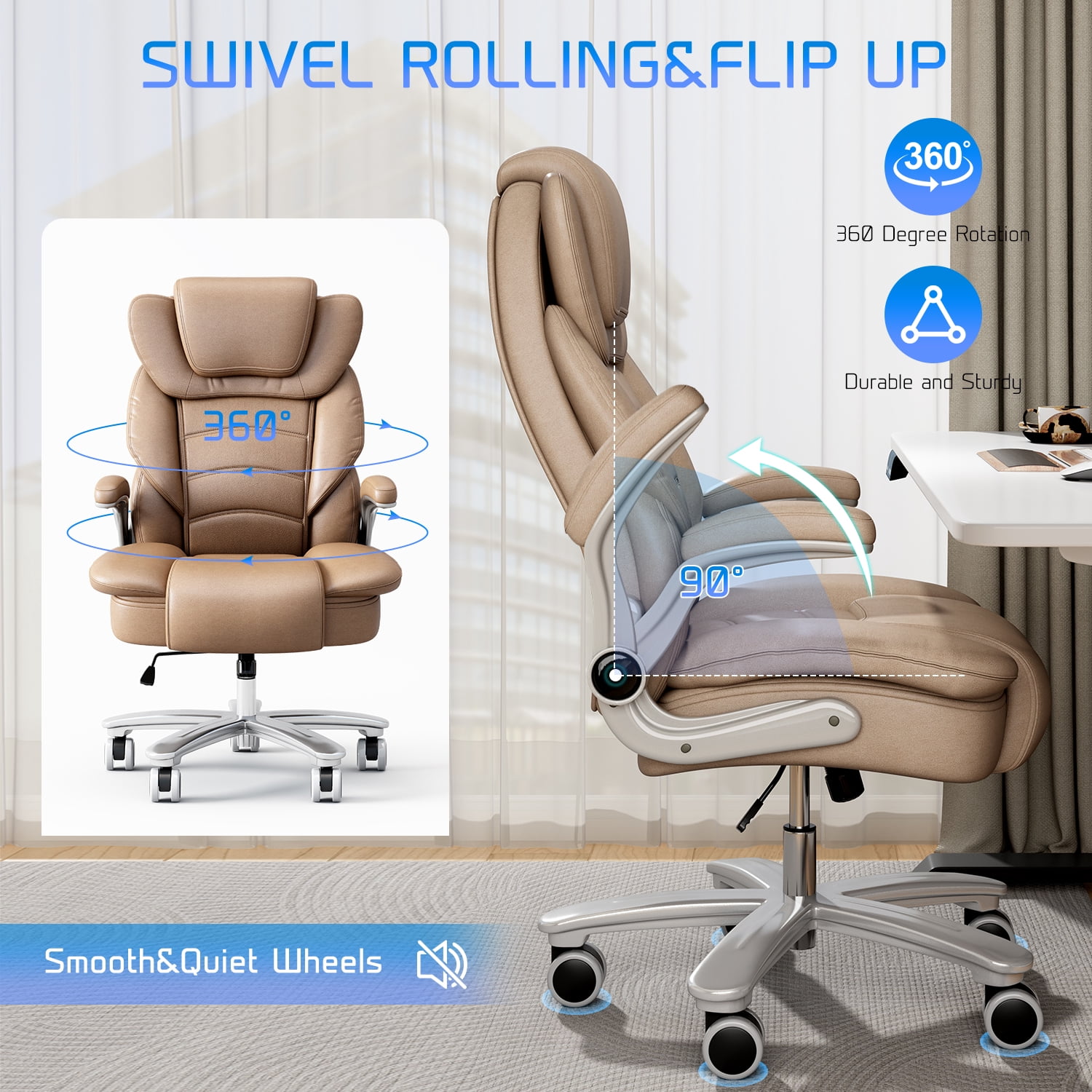HomeZeer Big and Tall Office Chair 400lbs, High Back Leather Executive Office Chair with Adjustable Armrest, Modern Ergonomic Office Chair with Wide Seat and Lumbar Support, Brown