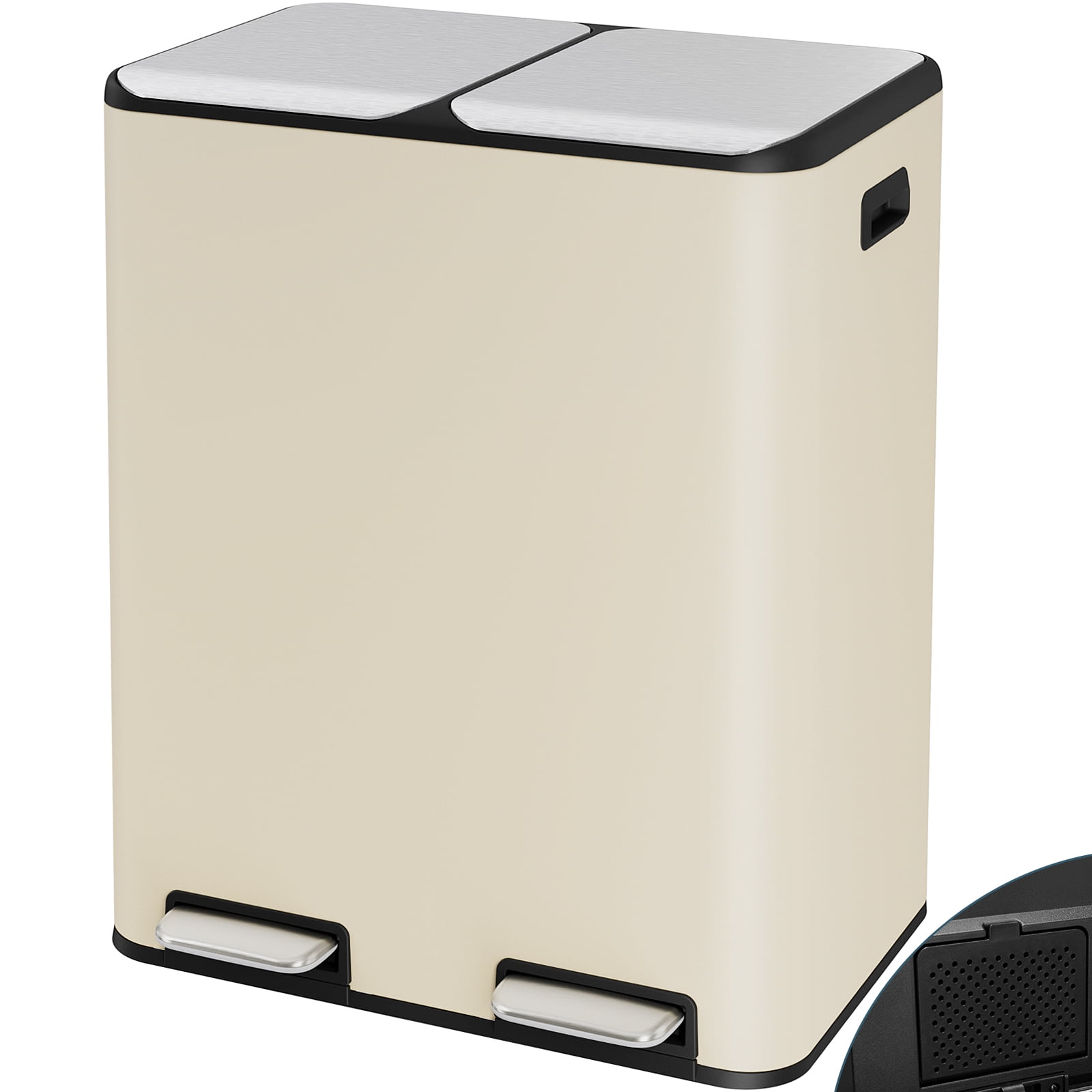 TLSUNNY 16 Gal Dual Trash Can, Stainless Steel Step Kitchen Garbage Bin, Recycle Dustbin with Odor Control Box, Inner Buckets, for Home Office