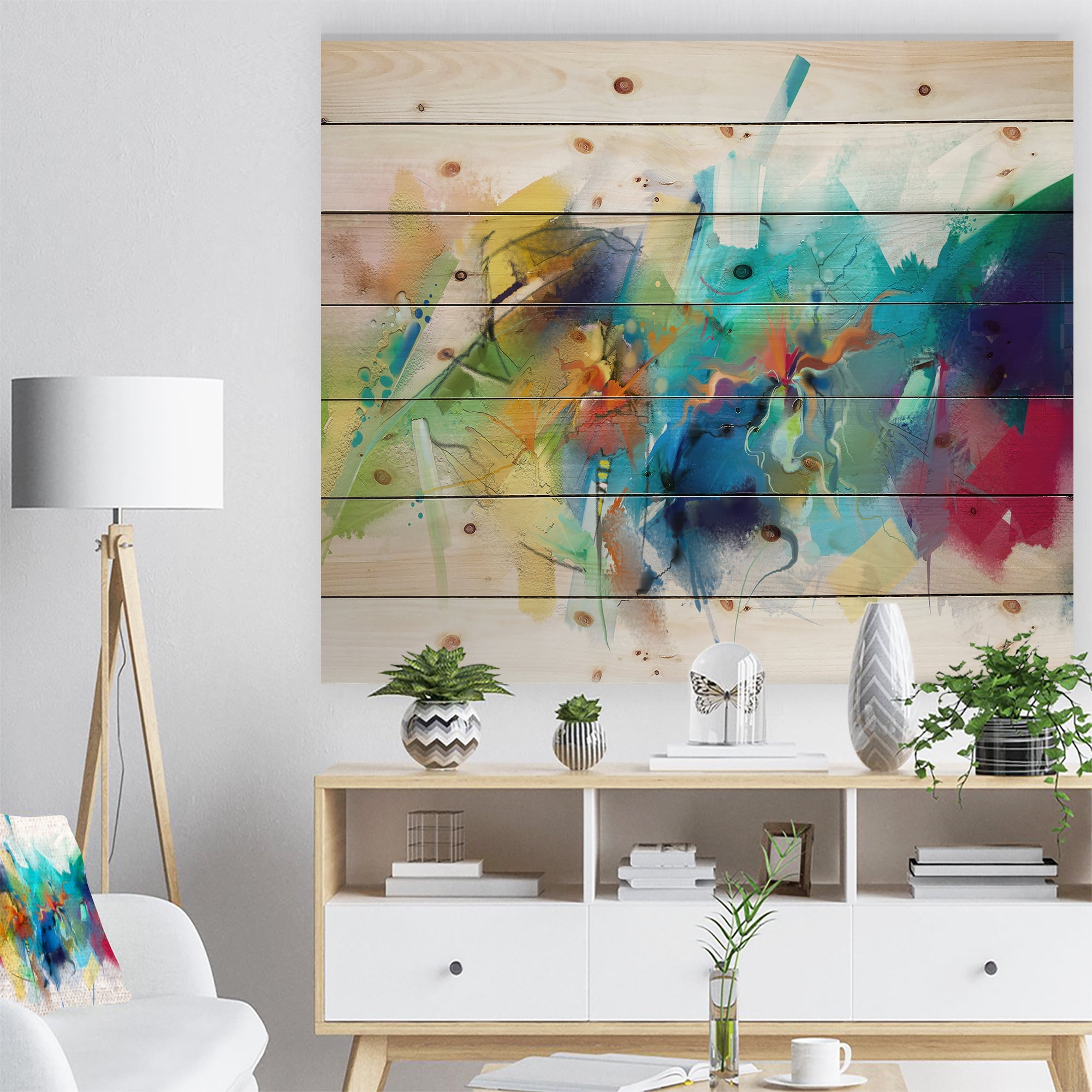 Designart 'Brush Stroke Colorful Oil Painting' Contemporary Painting Print on Natural Pine Wood