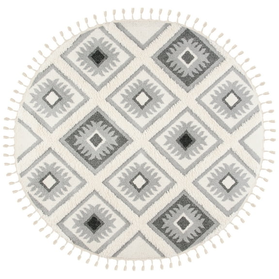 SAFAVIEH Moroccan Tassel Elsie Abstract Shag Area Rug, Ivory/Grey, 6'7" x 6'7" Round