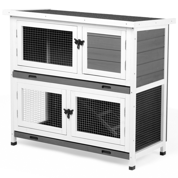 Imerelez 2 Tiers Solid Wood Rabbit Hutch Bunny Cage with 2 Large Main Rooms, Indoor Outdoor Rabbit House Guinea Pig Cage Pet House for Small Animals with 2 Removable Trays, Grey