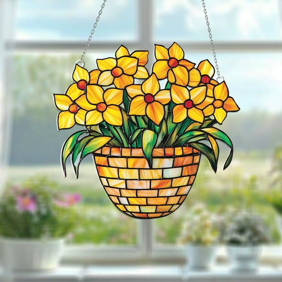 Yellow Daffodil Window Hanging Acrylic 2D, Stained Glass Flower Basket Ornament,Sun-Kissed Flower Design, Unique Sun-Catcher Gift for Plant Lovers, Cheerful Yellow Blossom Accent for Home