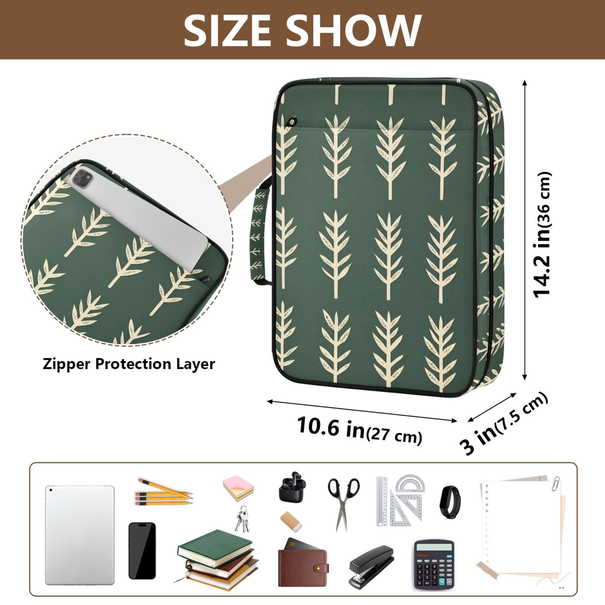FORMRS Accordion File Folder A4 Size 7-Pocket Expanding Document Organizer Bag with 3 Ring Binder, Dark Green Leaves