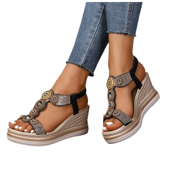 Rokment Vintage Metallic Glitter Platform Wedge Dressy Sandals for Women Bride Wedding Bohemian Beach Leather Chunky High Heels Slingback Dress Summer Shoes Black Size 6.5