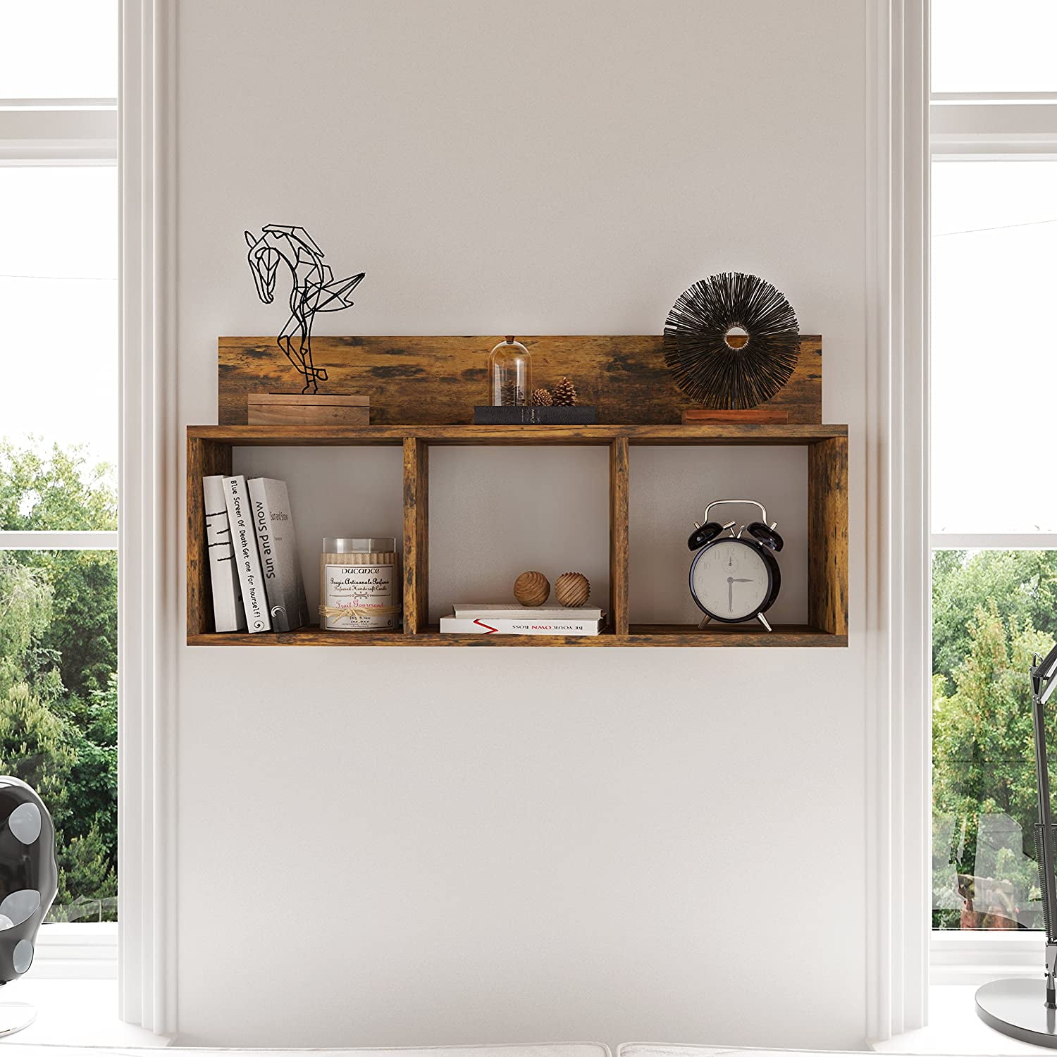 Danya B. Rustic Triple Cubed Floating Shelf With Ledge - Wall Mount Cubbie Shelf - Aged Wood