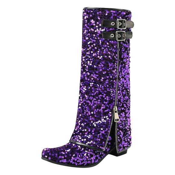Daznico Womens Wide Calf Boots,Women Mid Calf Boots Fashionable Pattern Sequins Autumn and Winter Boots Cool Zippers Low Heels Comfortable Shoes,Womens Cowboy Boots,Size 8.5