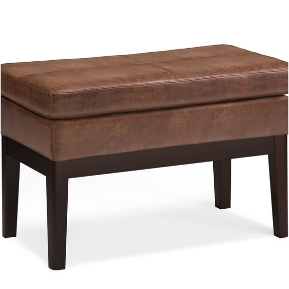 Distressed Saddle Brown Ottoman Bench, Faux Leather Storage Footstool for Living Room