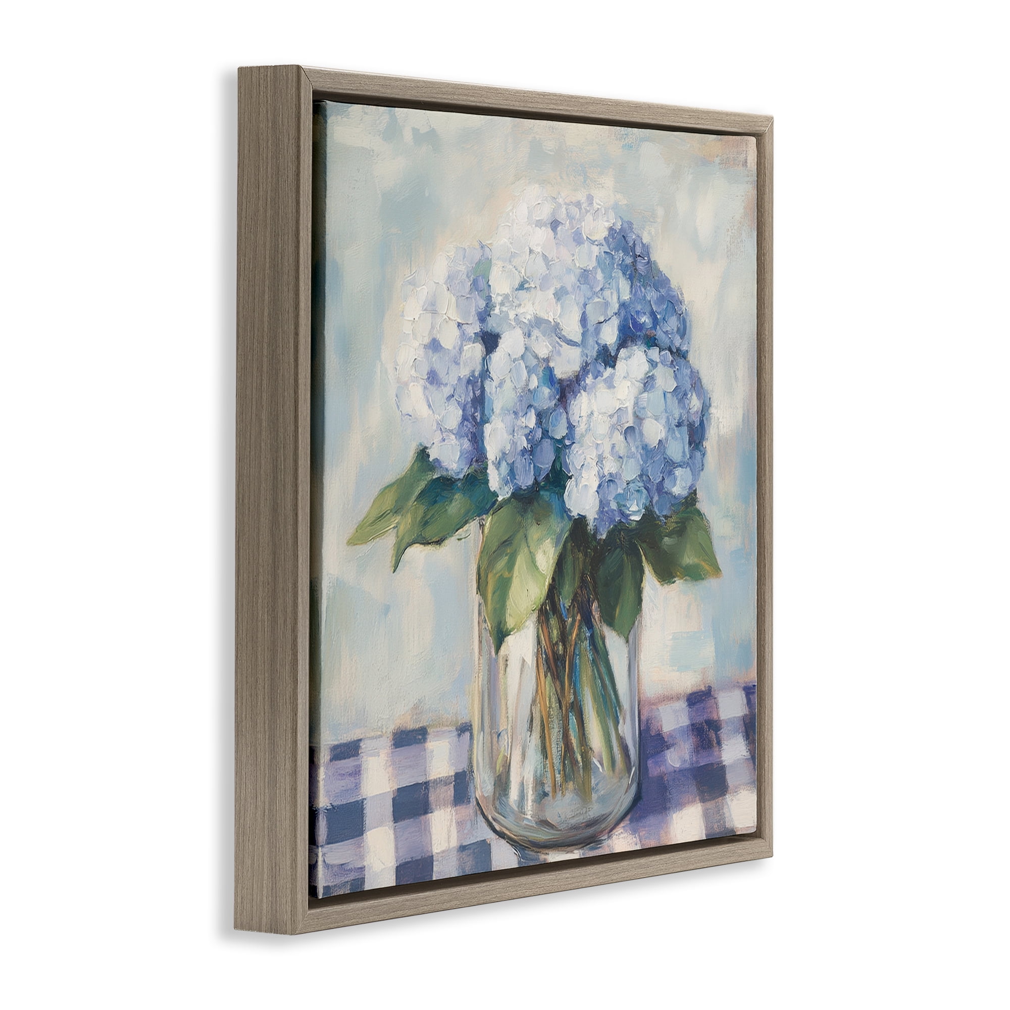 Stupell Industries Hydrangeas on Gingham Tablecloth Brown Framed Floater Canvas Wall Art, design by Petal Prints Design