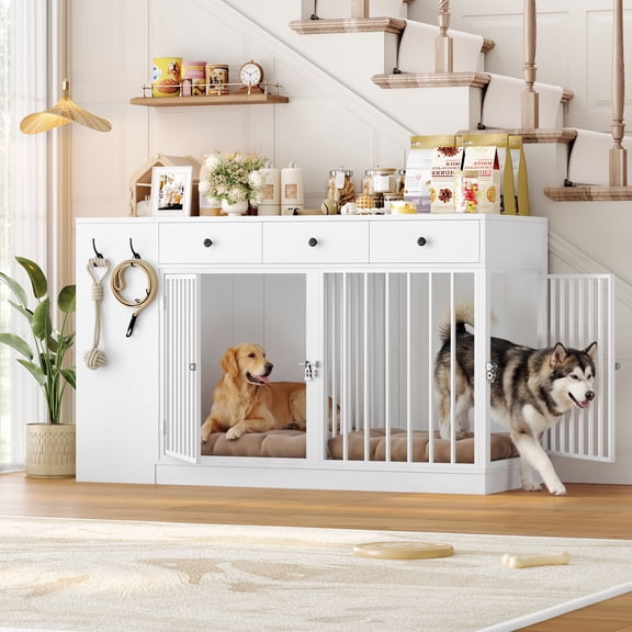 Homfa 59'' Large Double Dog Crate Furniture with 3 Drawers and Side Cabinet & Shelf, Indoor Wooden Dog Kennel with Removable Divider for 2 Medium or Large Dogs, White