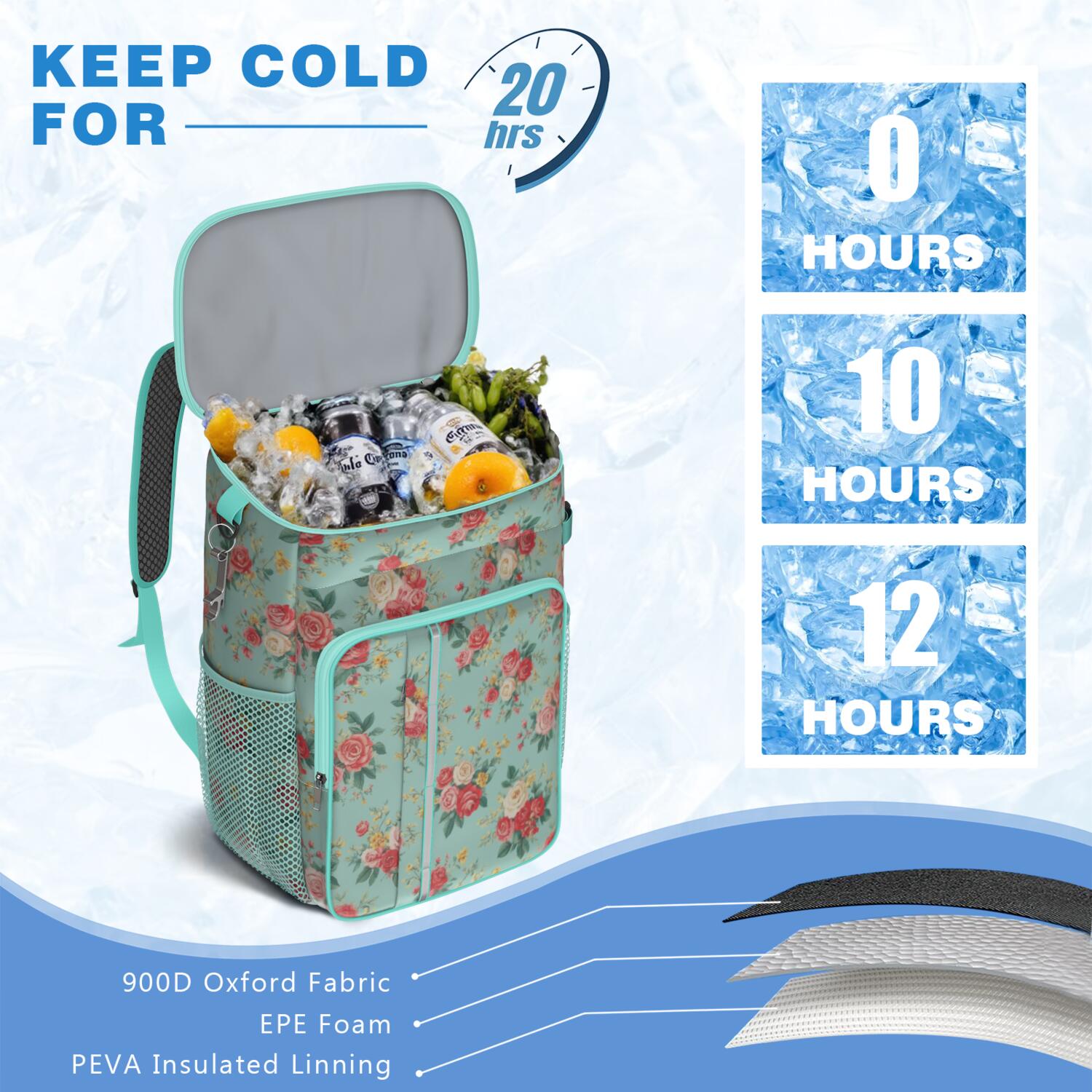 Travel Cooler Bag - Pioneer Flower Camping Beer Cooler Backpack with Bottle Opener- Waterproof Insulated Picnic Backpacks - Cooler Bag for Beach