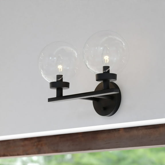 Lander 2 Light Matte Black Bathroom Vanity Wall Fixture with Clear Glass Globes