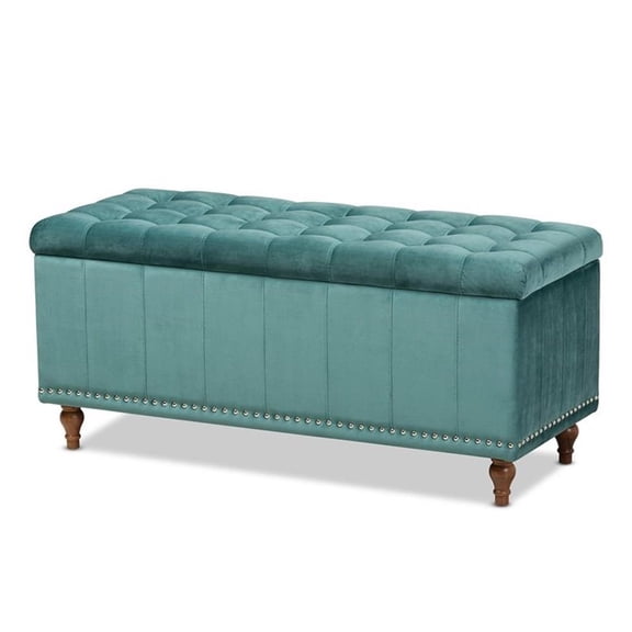 Bowery Hill Velvet Teal Blue Ottoman Bench Rectangular Button Tufted 41.73" x 16.73" x 18.7" Unassembled
