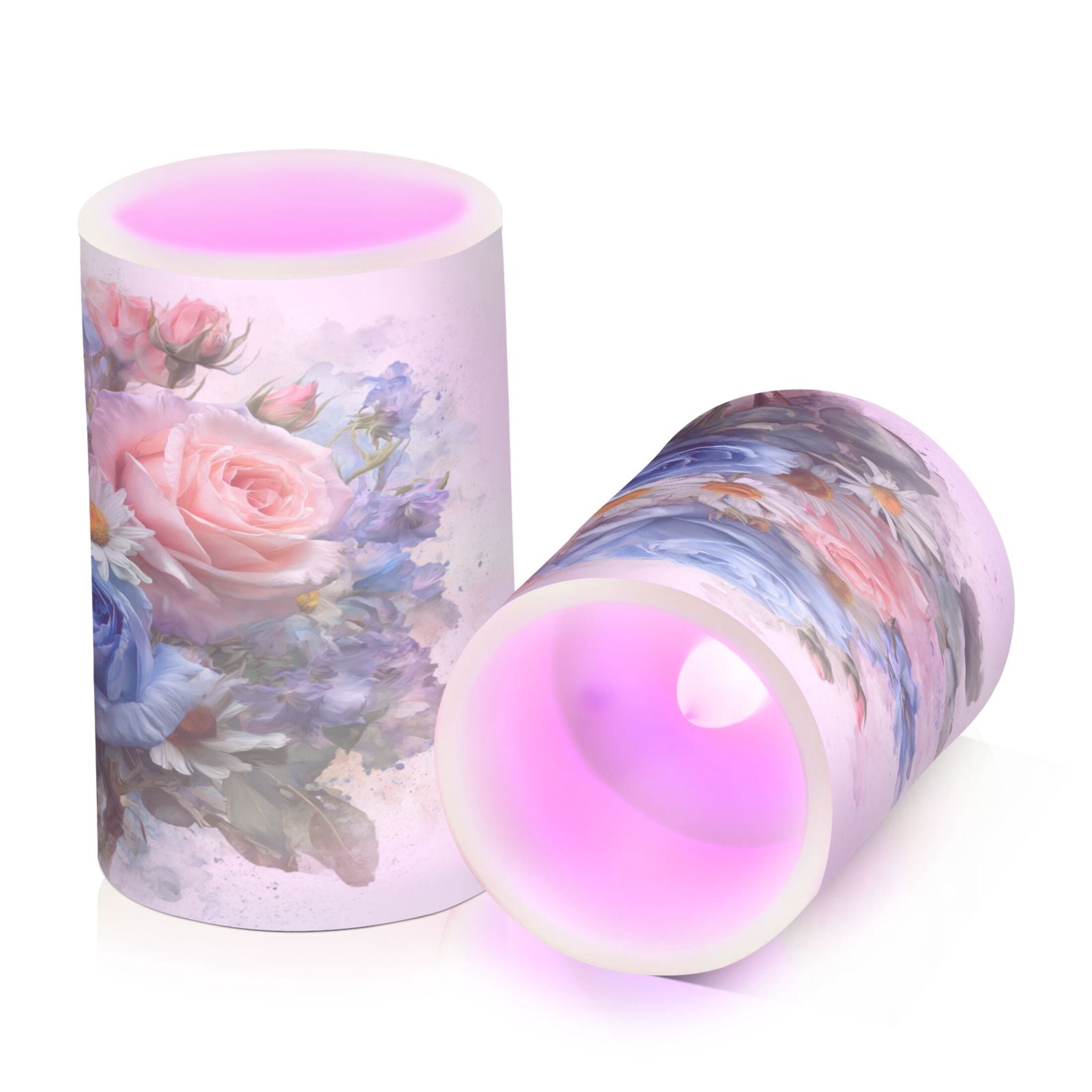 Set of 2 Flameless Candles Lights with Remote Control Flickering LED Candles Electric Candles for Home Decor Parties Blue-pink Roses and Daisies