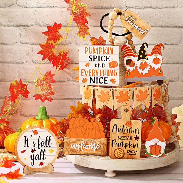 ⚡ Big Sale ! Multi Piece Fall Tiered Tray Decorative Set Thanksgiving Pumpkin Maple Dwarf Wood Sign Hello Fall Rustic Farmhouse Wood Beads Decor Tabletop Sign Perfect For Fall Thanksgiving Tabl