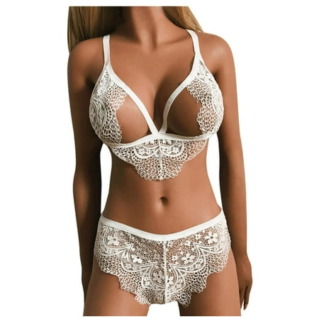 

EHTMSAK 2PCS Women s Cupless Lace Bra and Panty Sets Sexy Eyelash Lingerie Teddy Babydoll Lingerie Set White L